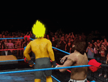 two wrestlers in a ring with one wearing a shirt that says ' wwe ' on it