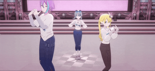 three anime girls are dancing on a stage with a pink background