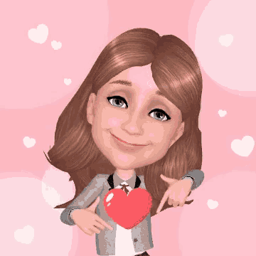 a cartoon girl is holding a red heart and pointing to it