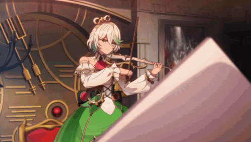a girl in a green dress is playing a violin with a crown on her head