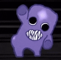 a purple monster with big teeth is standing in the dark and waving .