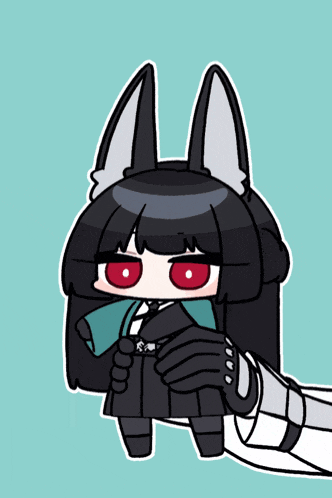 a cartoon drawing of a girl with red eyes and black hair