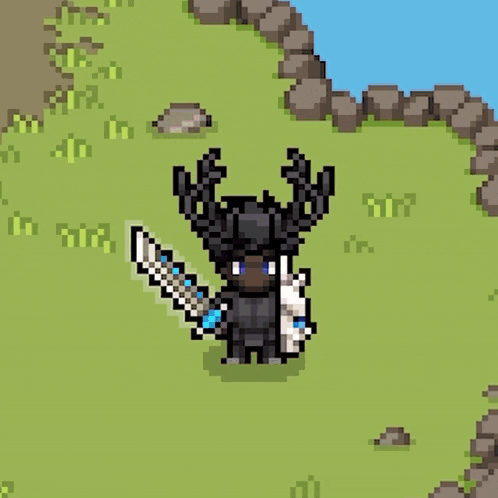a pixel art drawing of a purple monster surrounded by green grass and rocks