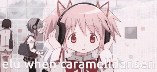 a girl wearing headphones with the words elu when caramel dansen written below her