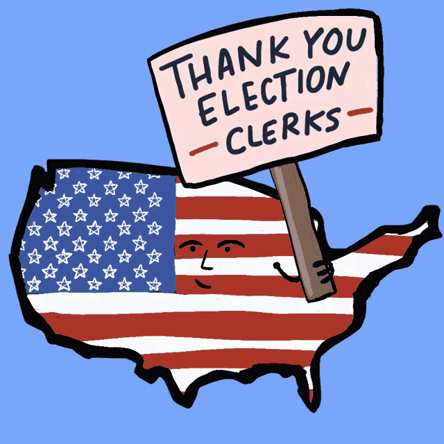 a map of the united states holding a thank you election clerks sign