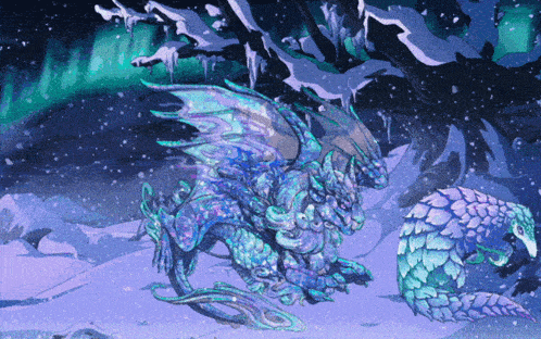 a painting of a dragon and a pangolin in the snow