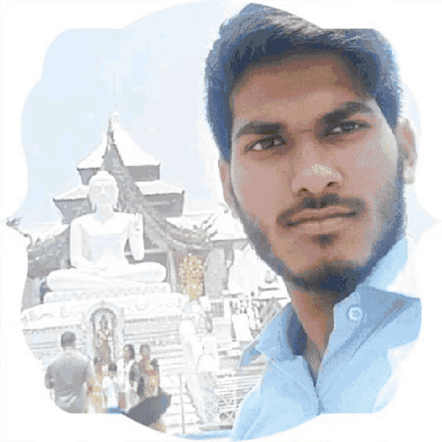 a man with a beard is taking a selfie in front of a buddha statue