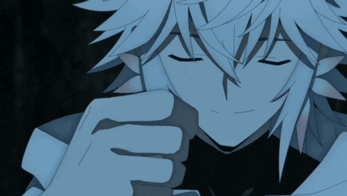 a person with white hair and blue eyes holding a flower
