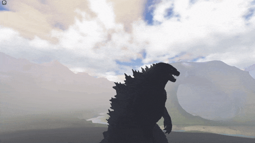 a silhouette of a monster in a video game with the letter r on the bottom right