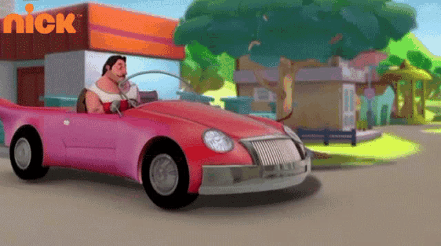 a cartoon character is driving a pink car in front of a building that says nick