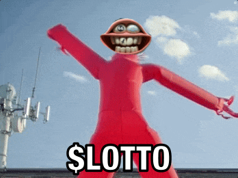 a red air dancer with a smiley face and the word lotto on it