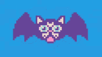 a pixel art of a bat with green eyes and a pink mouth