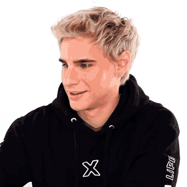 a young man wearing a black hoodie that says life on the sleeve
