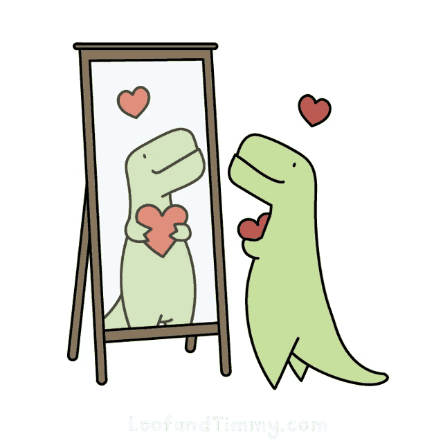 a cartoon of a dinosaur holding a heart in front of a mirror with loofandtimmy.com on the bottom