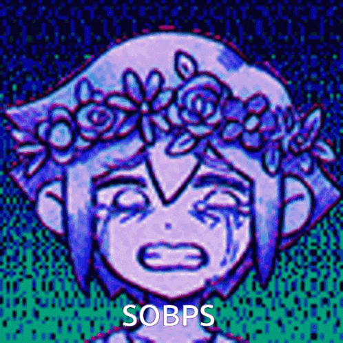 a cartoon character with a flower crown on his head is crying and has sobps written on the bottom .