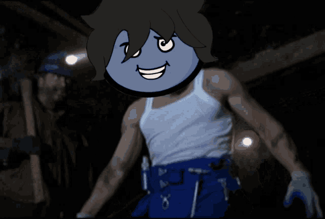 a man in a white tank top and blue pants has a cartoon face on his head