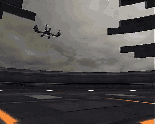 a video game scene with a bird flying in the air