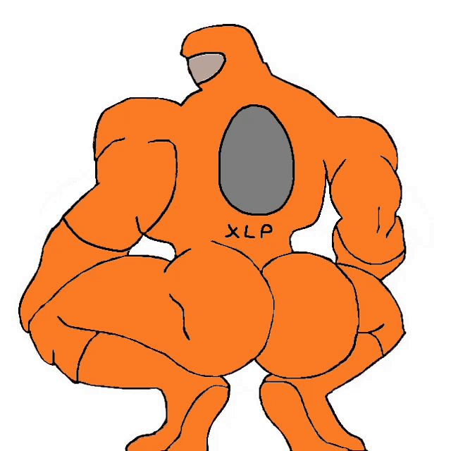 a cartoon drawing of an orange superhero with xlp written on the back