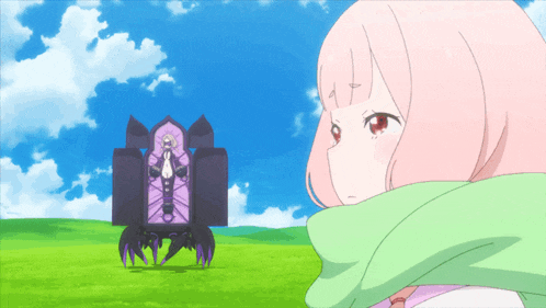 a girl with pink hair and red eyes stands in a field looking at a scorpion