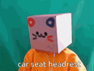 a person with a cardboard box on their head and the words car seat headrest