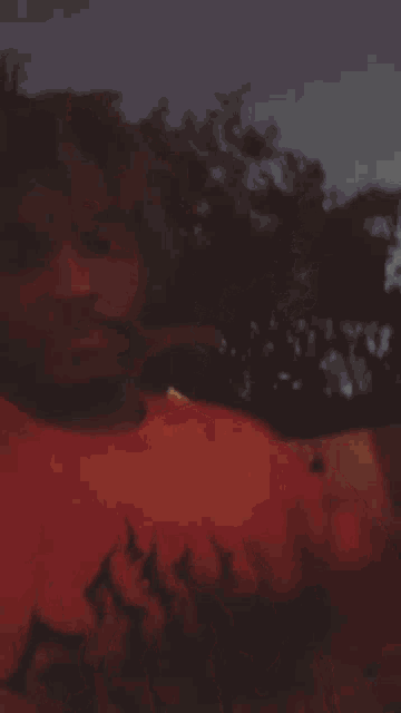 a man in a red shirt is standing in front of a tree .