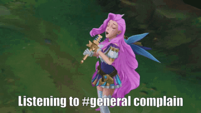 a cartoon of a girl with purple hair and the words listening to # general complain