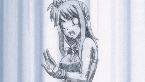 a black and white drawing of a woman with long hair standing in front of a white curtain .