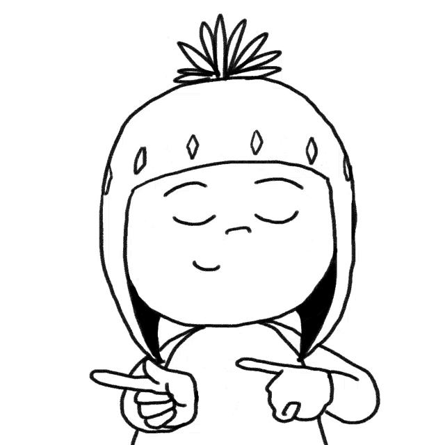a black and white drawing of a cartoon character pointing