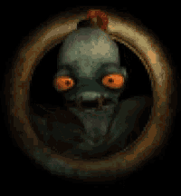 a pixel art of a monster with orange eyes and a red flower on its head