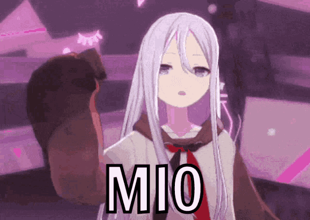 a girl with long white hair is holding a bear and the word mio is on the bottom