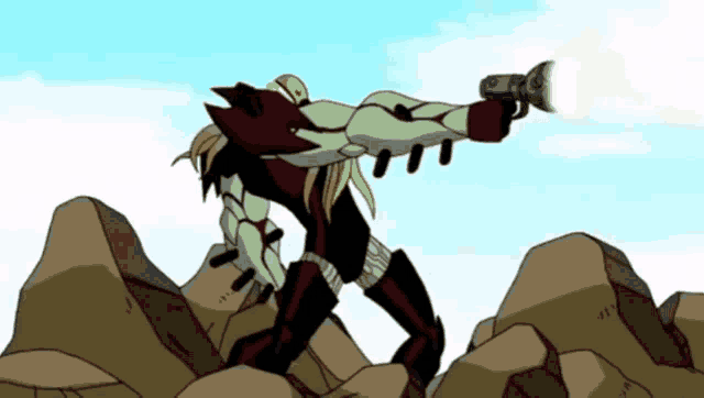a cartoon character is holding a gun while standing on some rocks