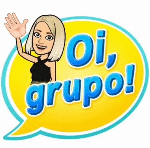 a cartoon woman is waving in front of a yellow speech bubble that says oi grupo