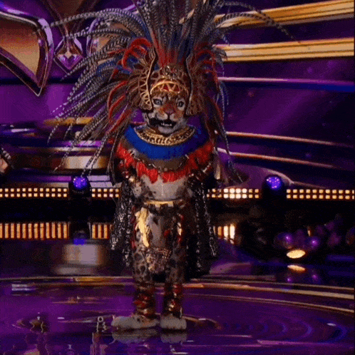a leopard in a feathered costume is on a stage .