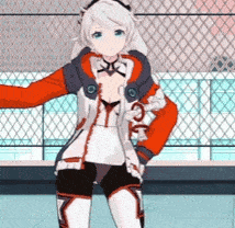 a girl with white hair and a red jacket is standing in front of a chain link fence .