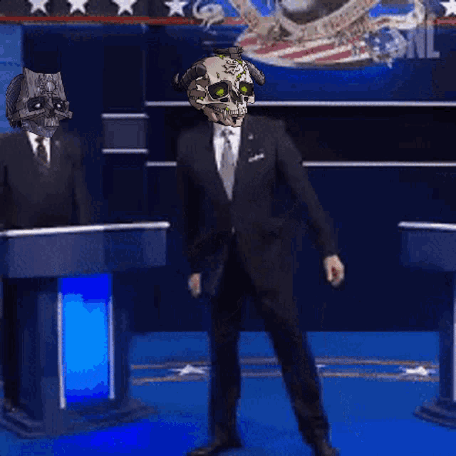 a man in a suit and tie with a skull on his head