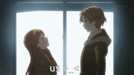 a man and a woman are standing next to each other with the words us > < written on the bottom