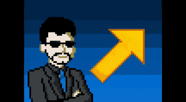 a pixel art of a man in a suit with a yellow arrow pointing up