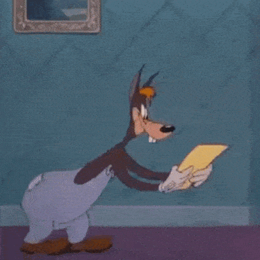a cartoon character holding a piece of paper in front of his face