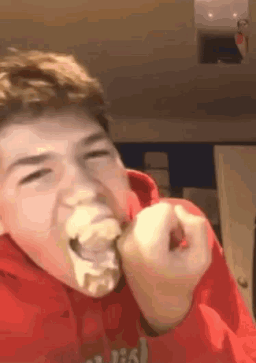 a young man in a red hoodie is eating a piece of food