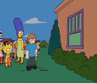 a group of simpsons characters standing outside of a building
