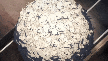 a drawing of a bunch of rabbits laying on the ground