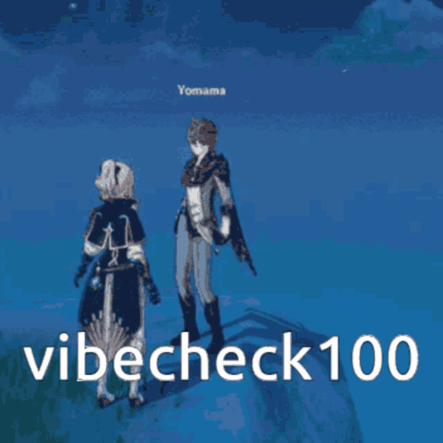 a video game character is standing next to another character with the words vibecheck100 written below them