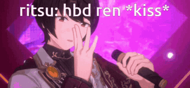 a cartoon character holding a microphone with the words ritsu hbd ren kiss
