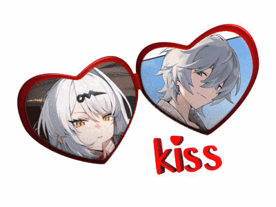a couple of hearts with a girl and a boy and the word kiss below them