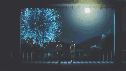 a couple watching fireworks on a balcony with kyuchii written on the bottom right