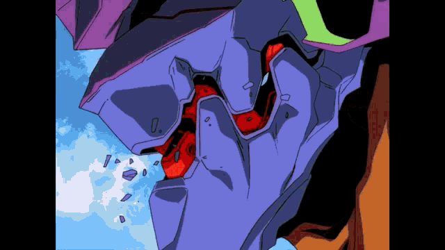 a close up of a purple and green robot with the number 0 on its face