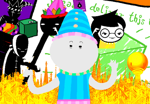 a cartoon character with a blue hat stands in front of a sign that says this