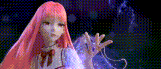 a girl with long pink hair is holding a purple object in her hand .