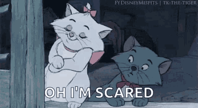 two cats from the aristocats are standing next to each other and talking .
