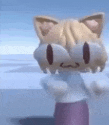 a cartoon cat is standing on a snowy surface with its eyes closed .